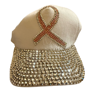 Crystal Embellished White Cap with Pink Ribbon NWOT